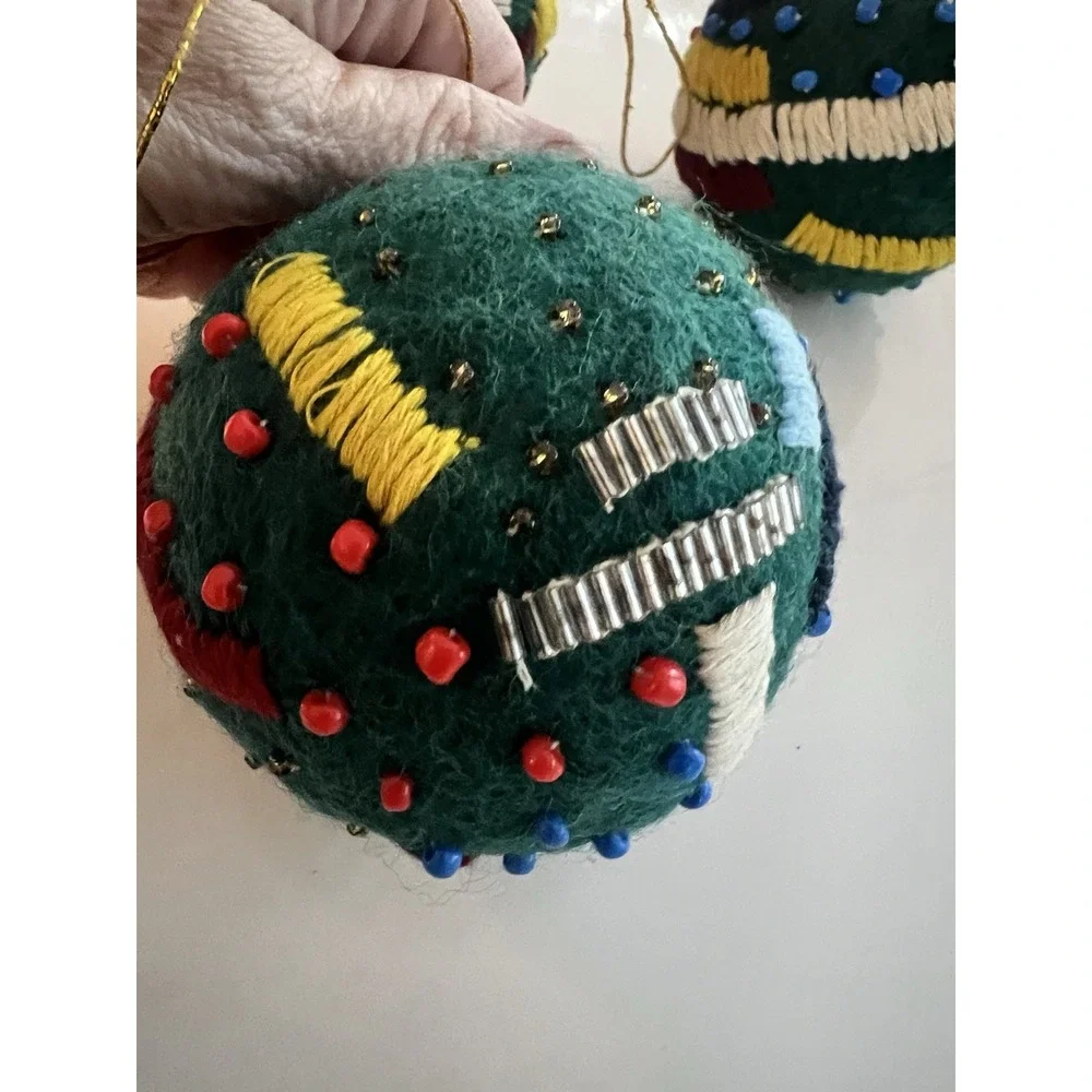 West Elm Teal Embroidered Beaded Felt ball ornament Christmas LOT OF 3